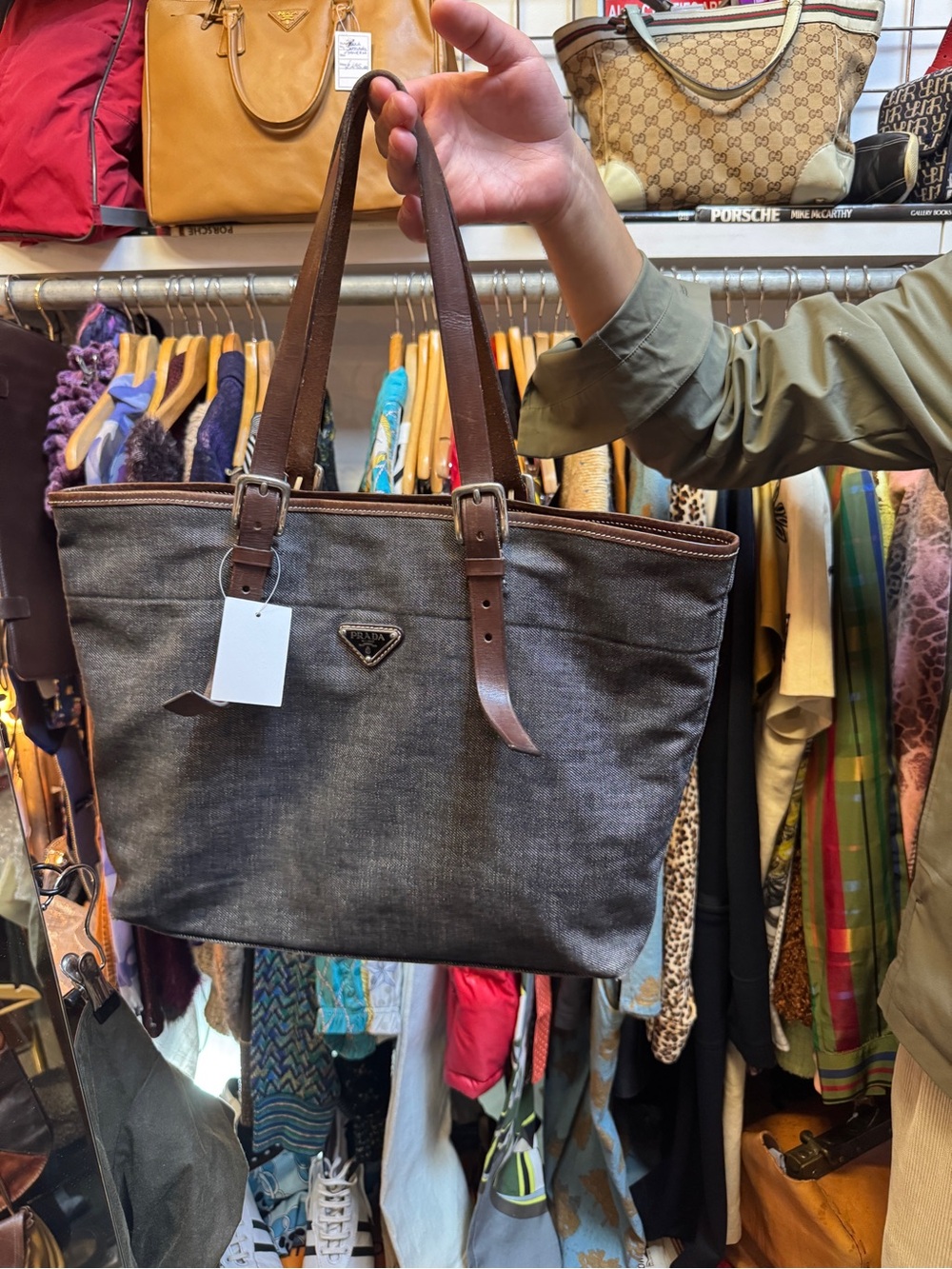 Prada Denim Tote with Brown Leather Straps